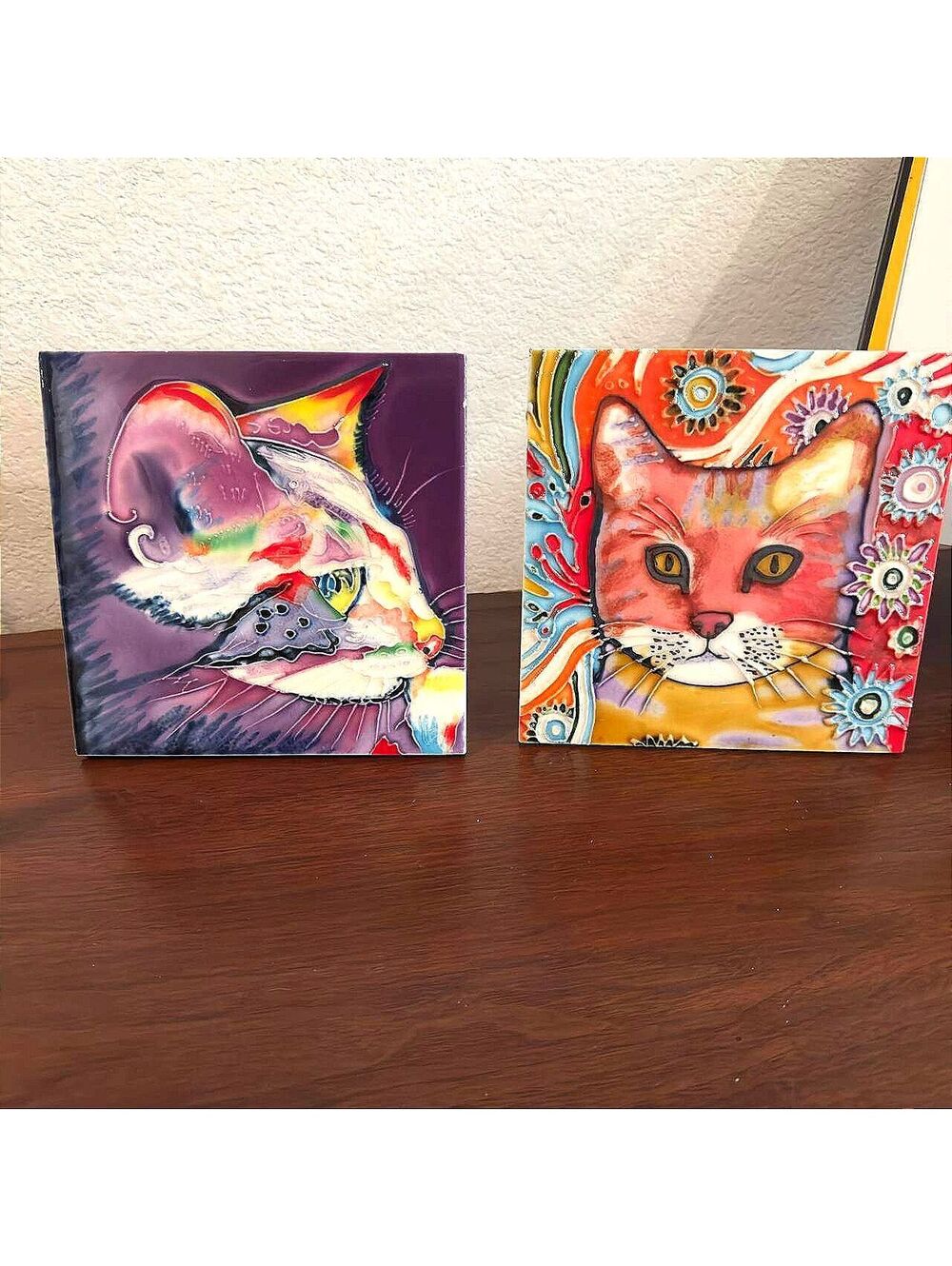 Claudia Sanchez CGS Cat Art Tiles 6x6 Set of 2 Hang or Stand Raised 3D